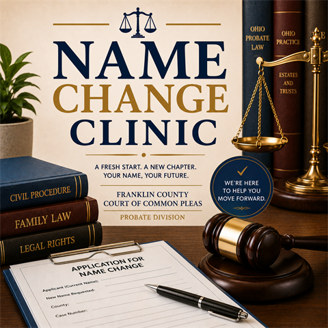 Name Change Clinic text with law books, paperwork, gavel and scales