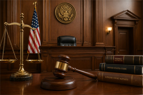 Courtroom with law books, gavel and scales
